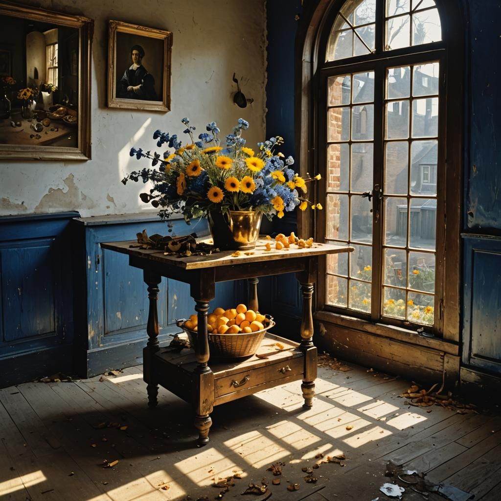 Still Life: Flowers on Butcher Table in Magical Realism