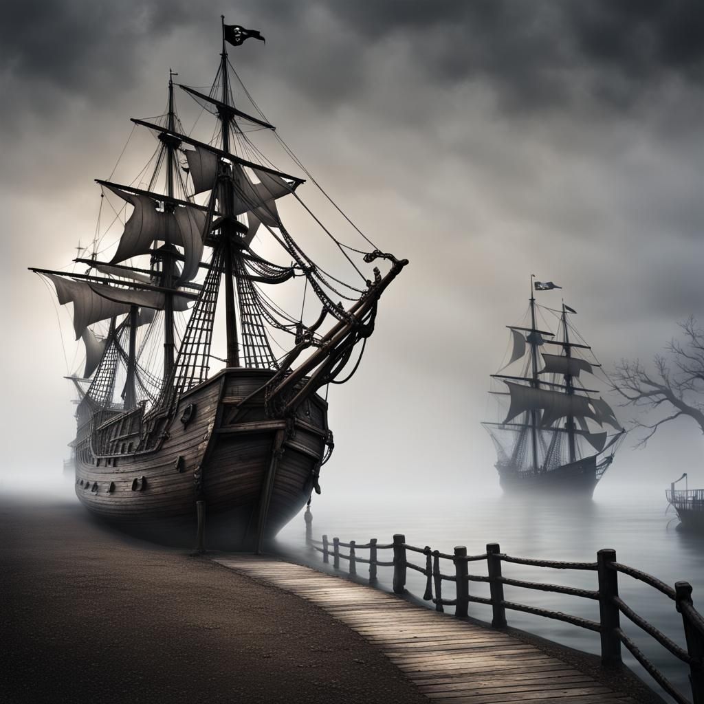 Hyperrealistic Pirate Ship on Foggy Sea