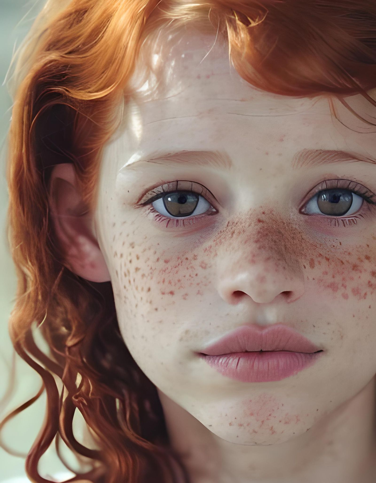Freckled Redhead Portrait with Big Lips and Short Hair