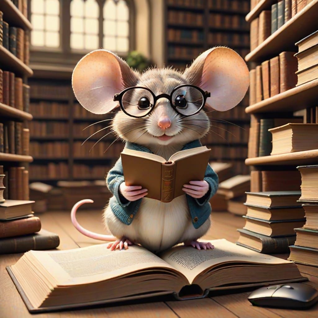 Mouse in Library Reading Large Book