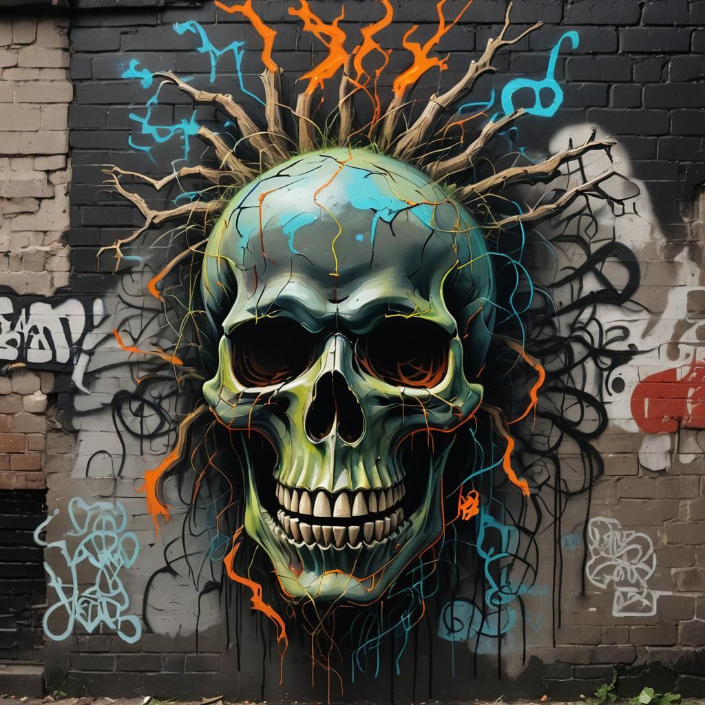 Cursed Skull Graffiti Art in Dark Alleyway
