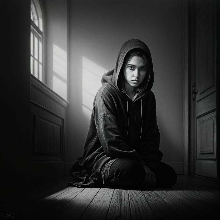 Girl in Dark Room, Hugging Knees in Charcoal Drawing
