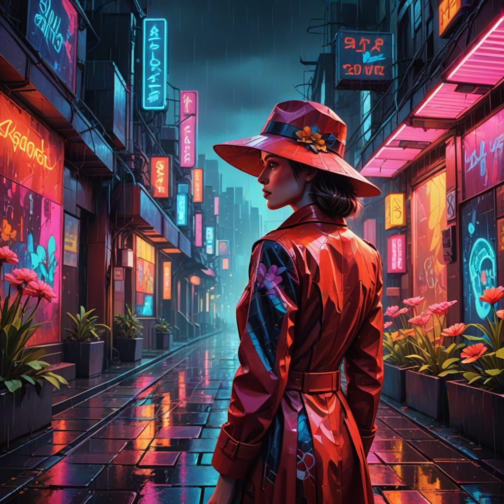 Cubist Portrait in Neon-Lit Garden