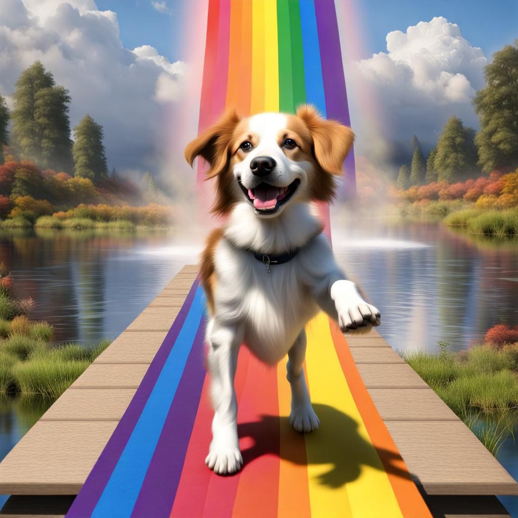 Dog Crossing Rainbow Bridge: Photorealistic 3D Render