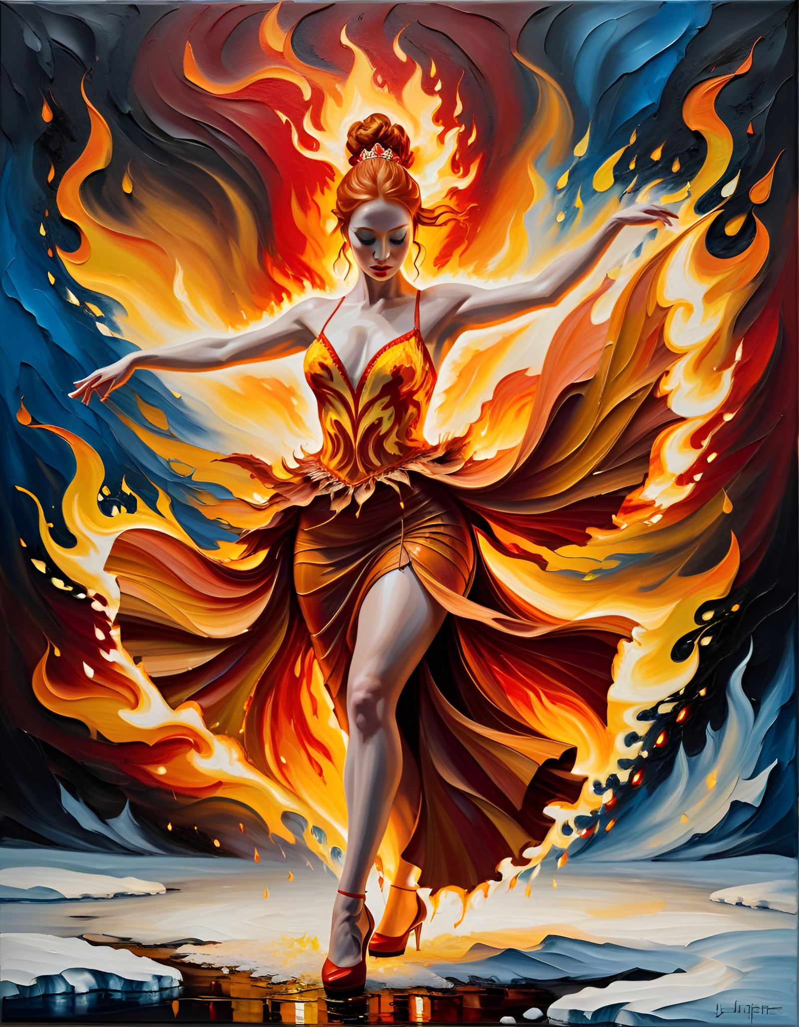 Fiery Dancer in Icy World as Impasto Oil Painting