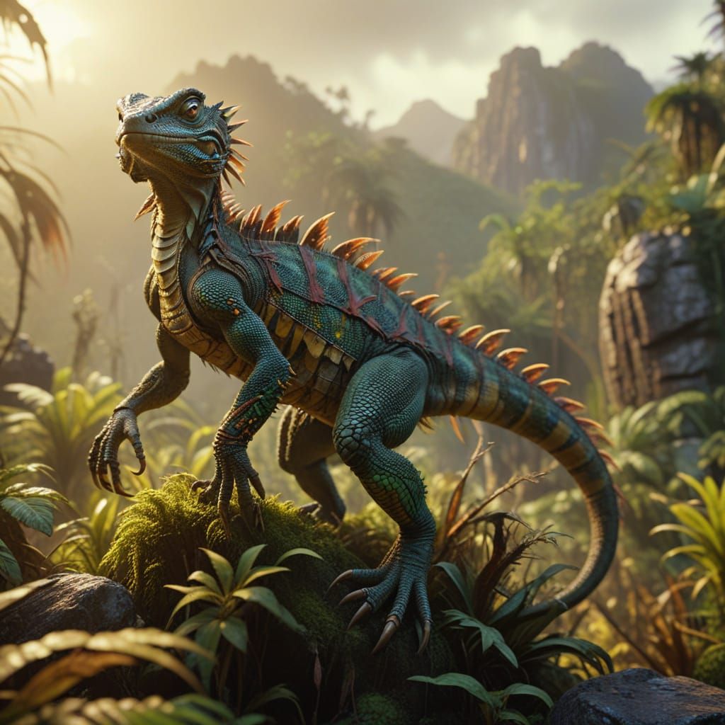 Warrior Lizard in Jungle, Tribal Fantasy Art