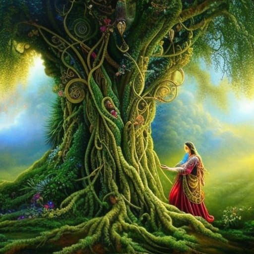 Ornate Giant Tree in a Dreamy Landscape Painting