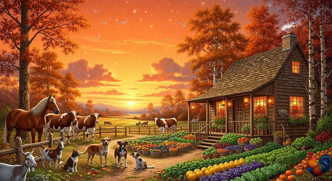 Autumn Farmland Cabin Scene as Oil Painting