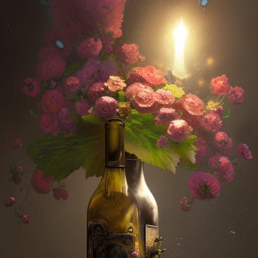 Wine Bottle with Flowers: Dark Fantasy Concept Art