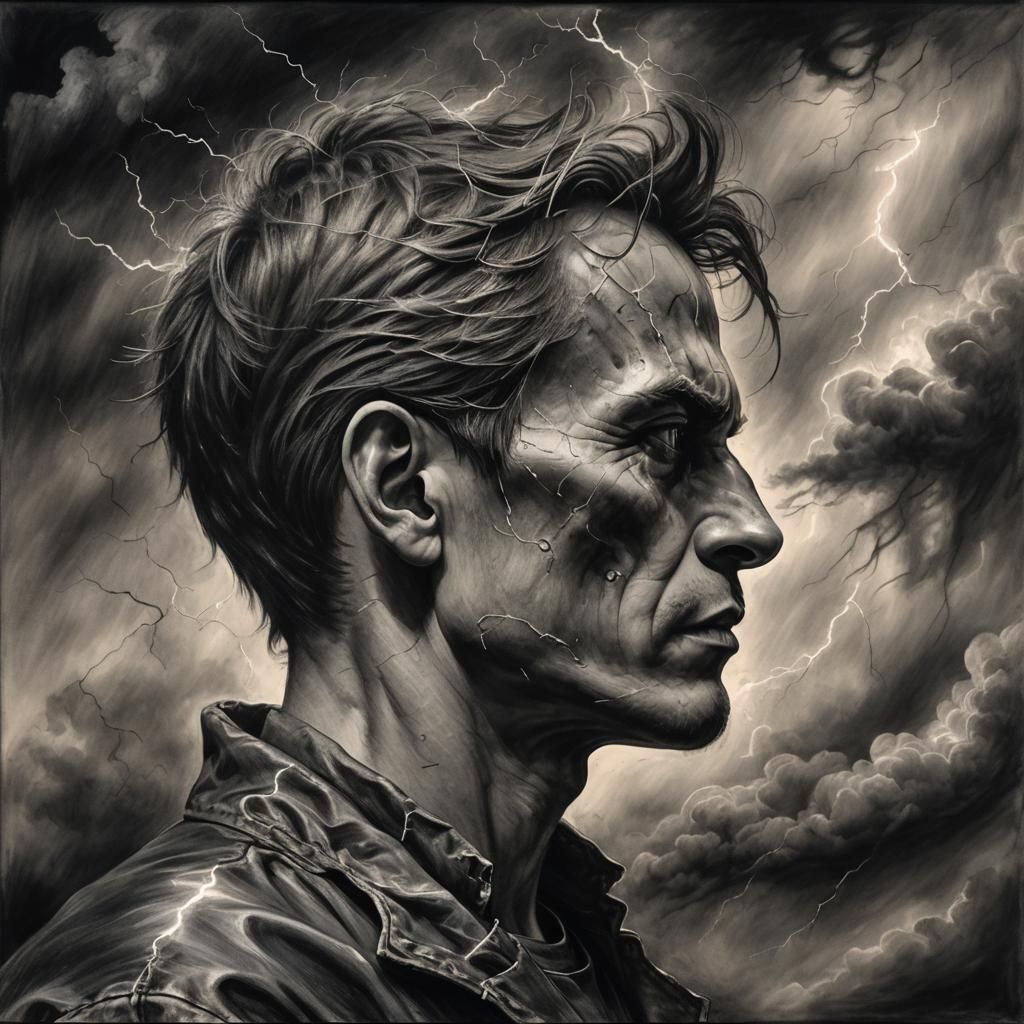 Ghostly Head Profile in Charcoal with Lightning