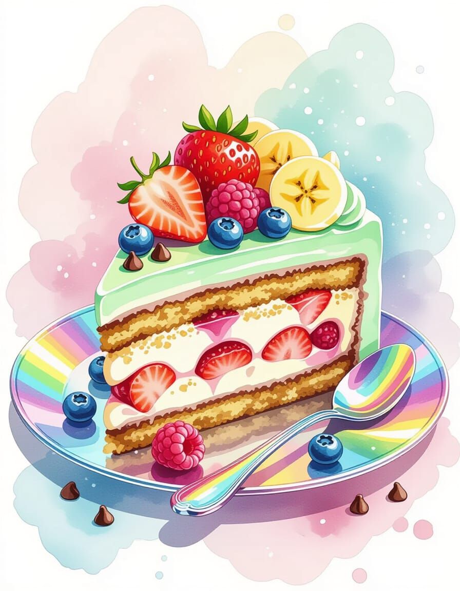 Mint Chocolate Tiramisu Slice with Berries in Watercolor Spl...