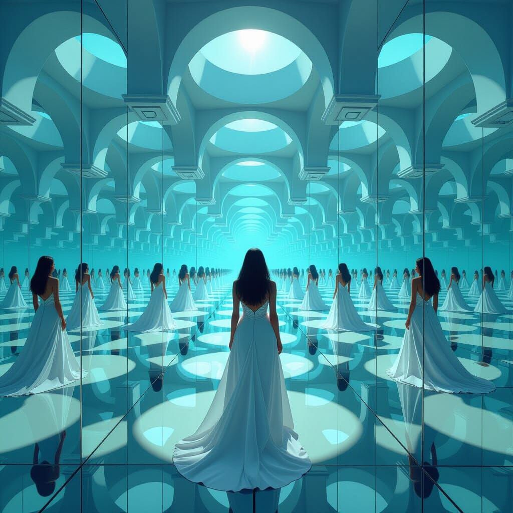 Surreal Infinite Mirror Corridor in Digital Art Style