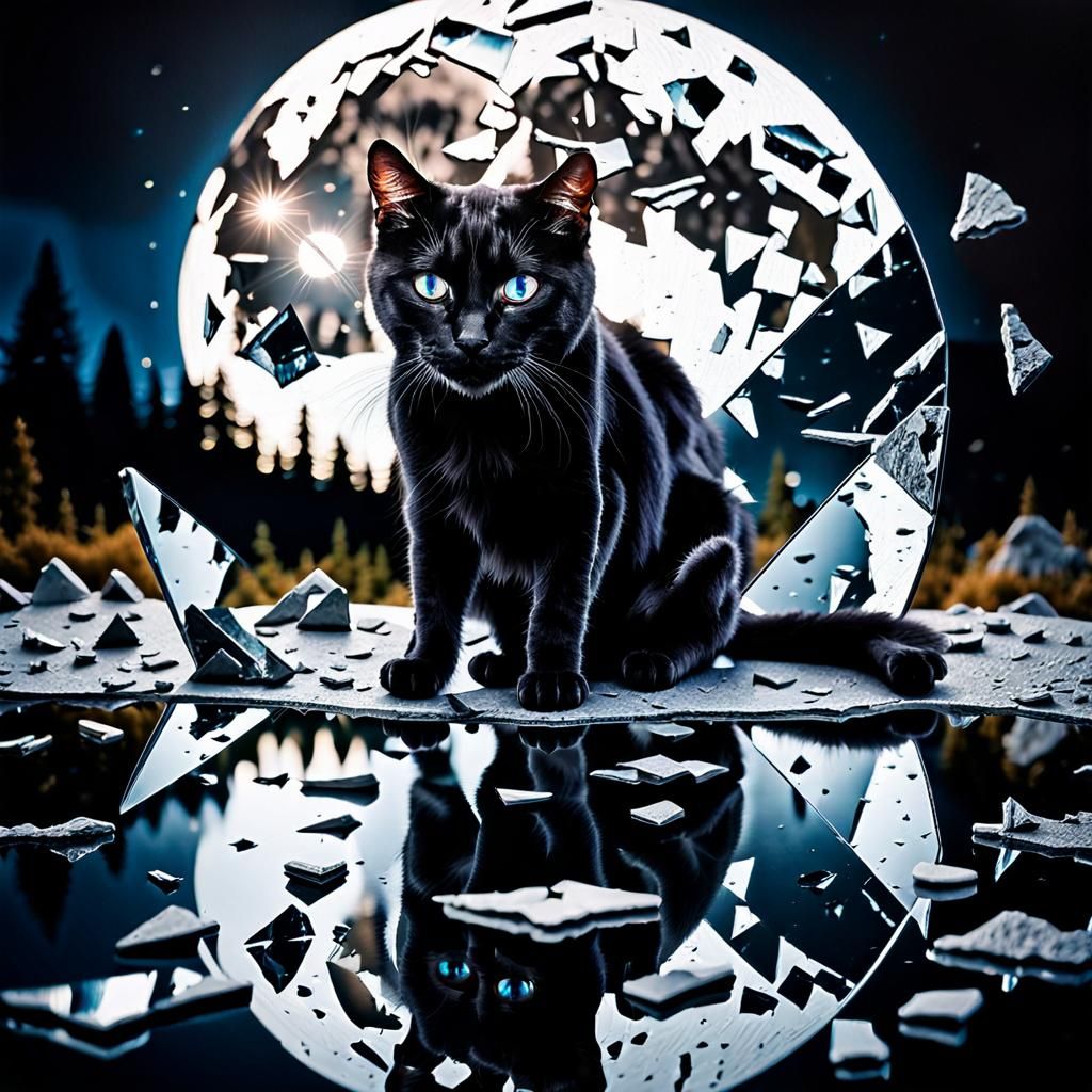 Surreal Black Cat Crossing Broken Mirror