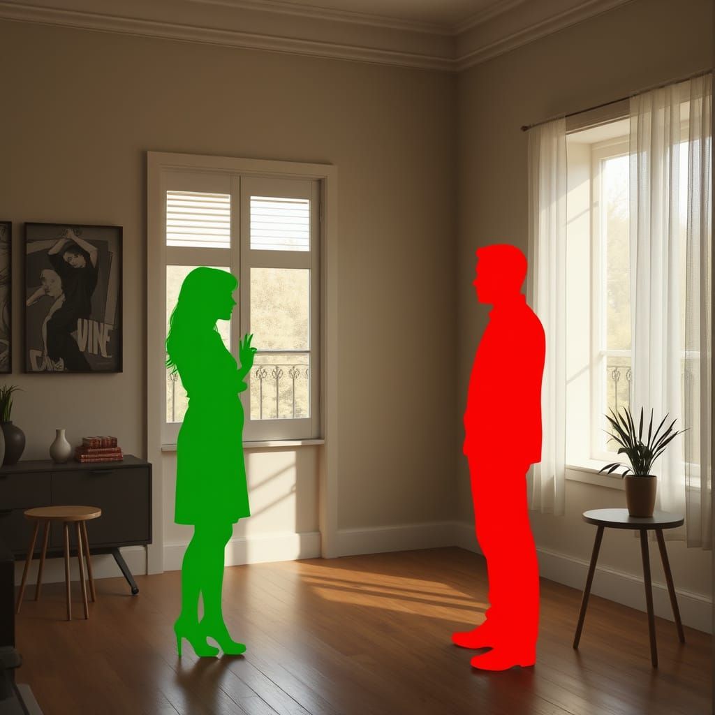 Room with Green and Red Silhouettes