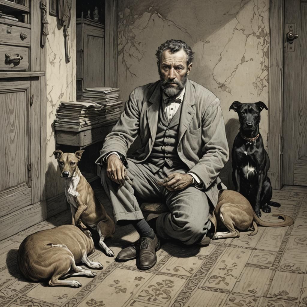 Teacher and Dog in 1950s House, Horror Illustration