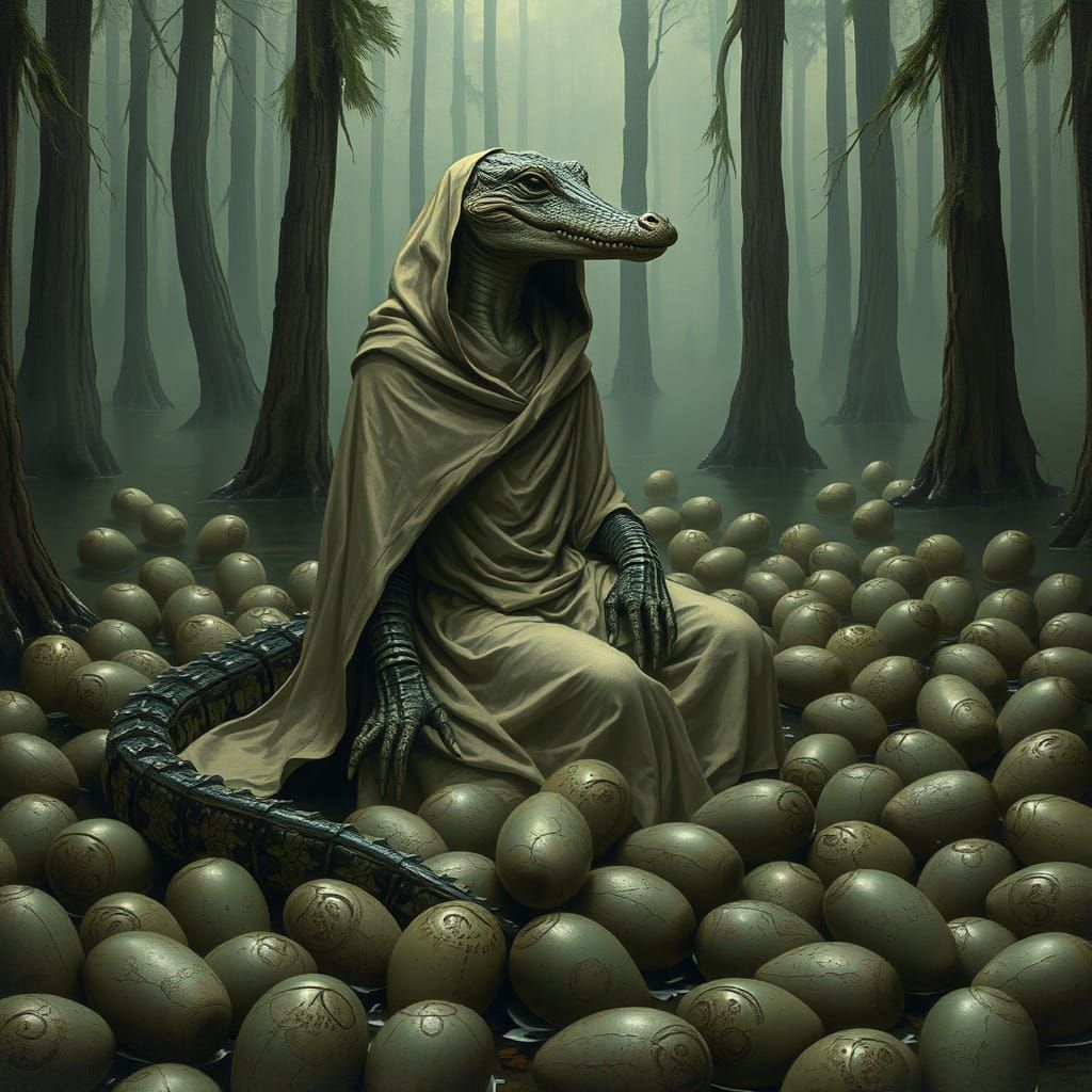 Alligator Woman in Swamp, Painterly Style