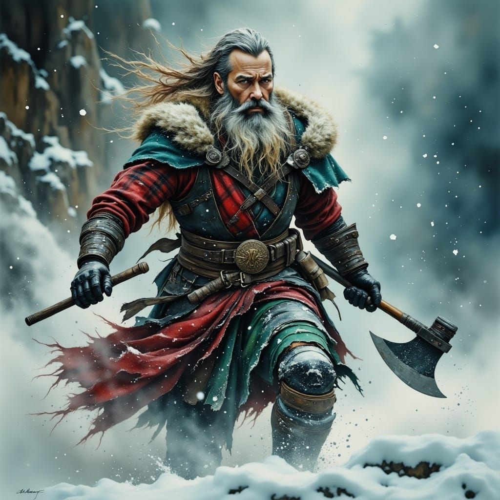 Scottish Highlander Battles Snowstorm in Atmospheric, 8K Con...