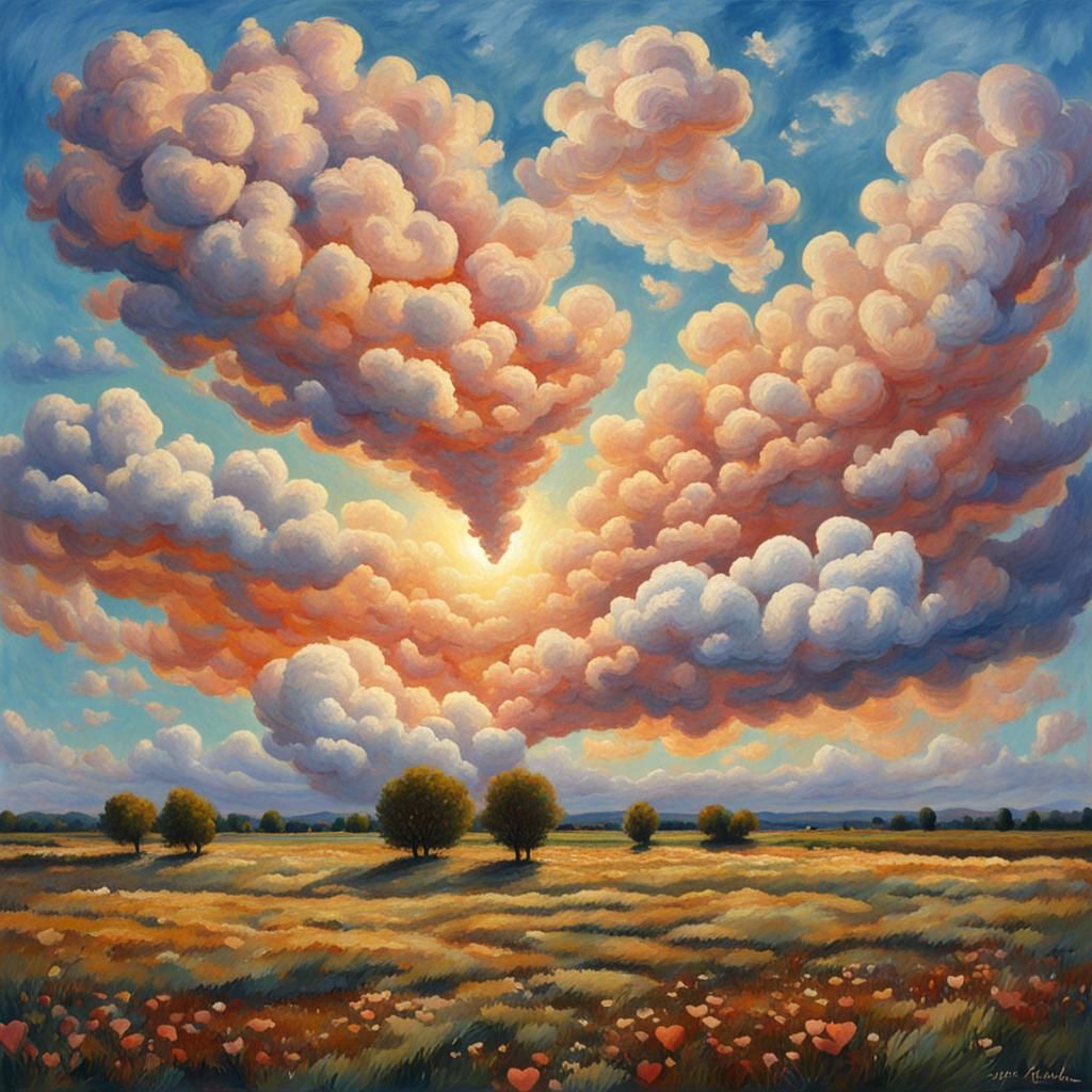 Heart-Shaped Clouds in Post-Impressionistic Hyperrealism
