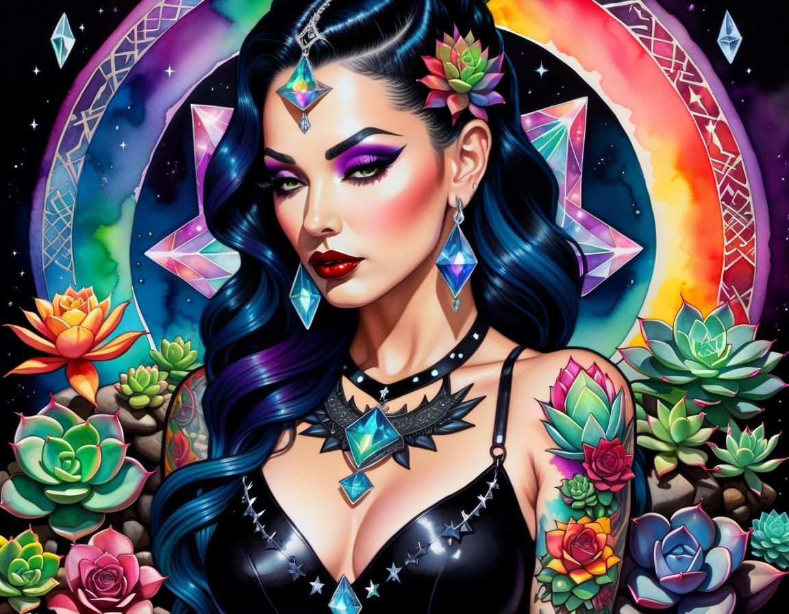 Gothic Latina Pinup with Goddess Altar in Watercolor