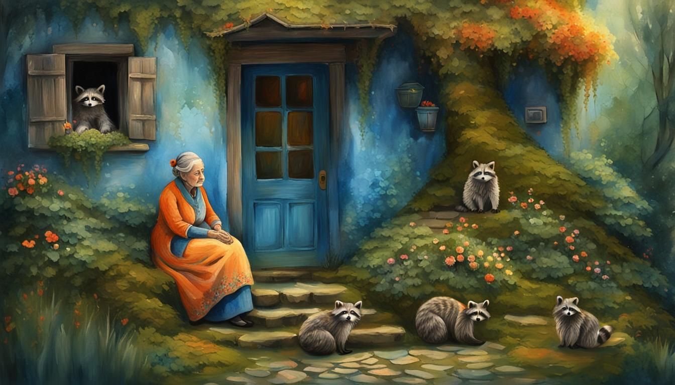 Fairytale Naive Art: Woman, Raccoon, Quaint House