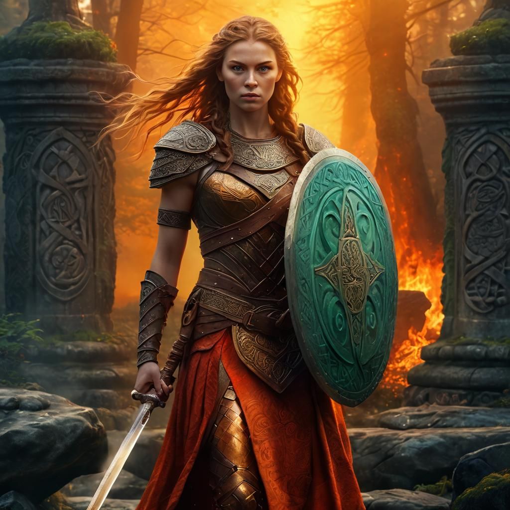 Celtic Warrior Woman in Mystical Forest: Oil Painting