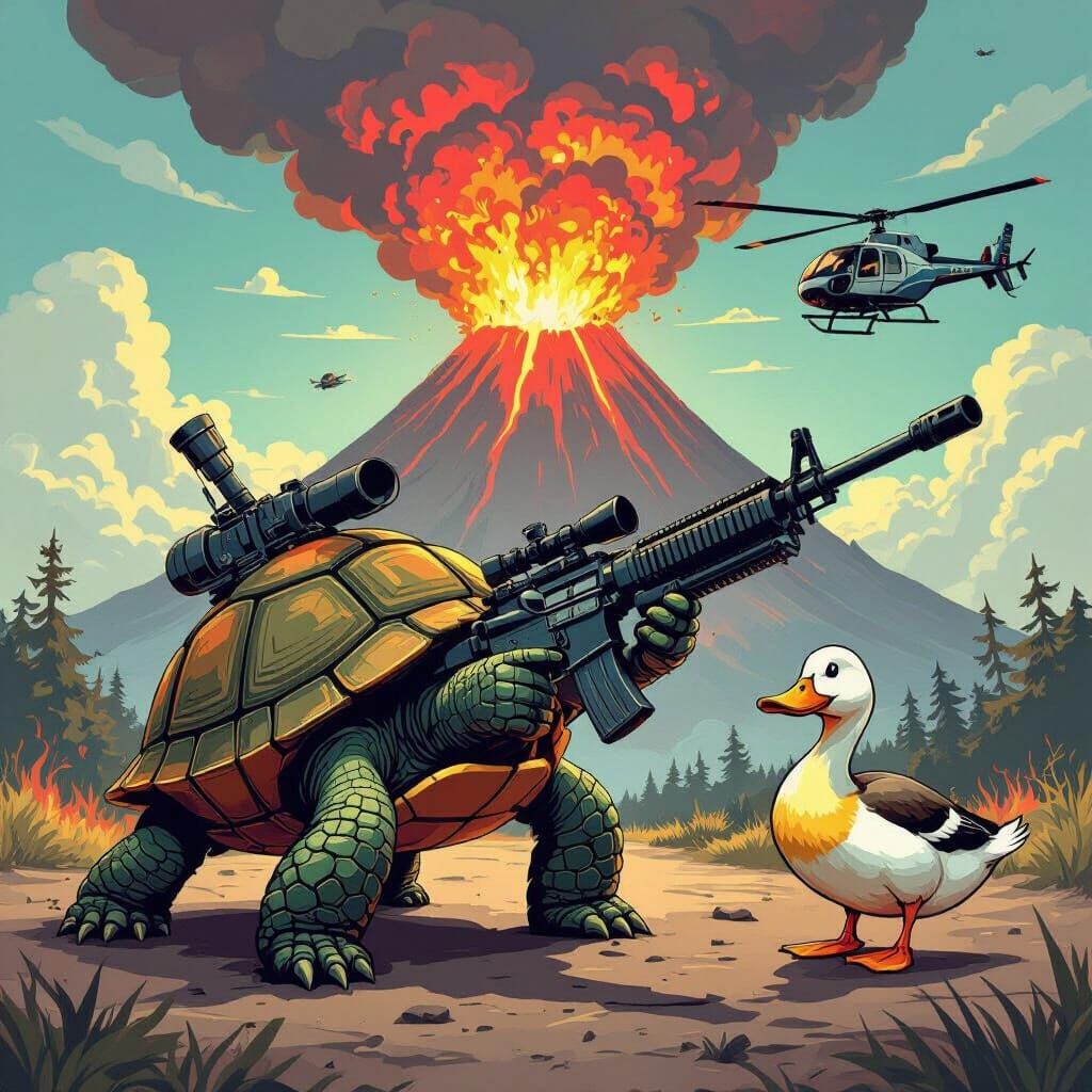 Turtle Soldier with Duck and Erupting Volcano Scene
