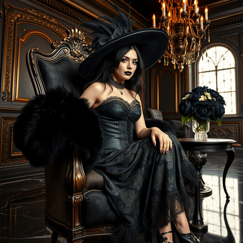 Opulent Woman in Black Leather Corset and Baroque Setting