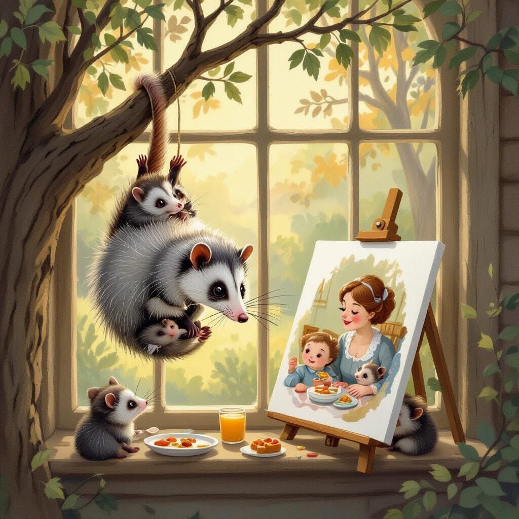 Opossum Artist Paints Family Dinner Scene