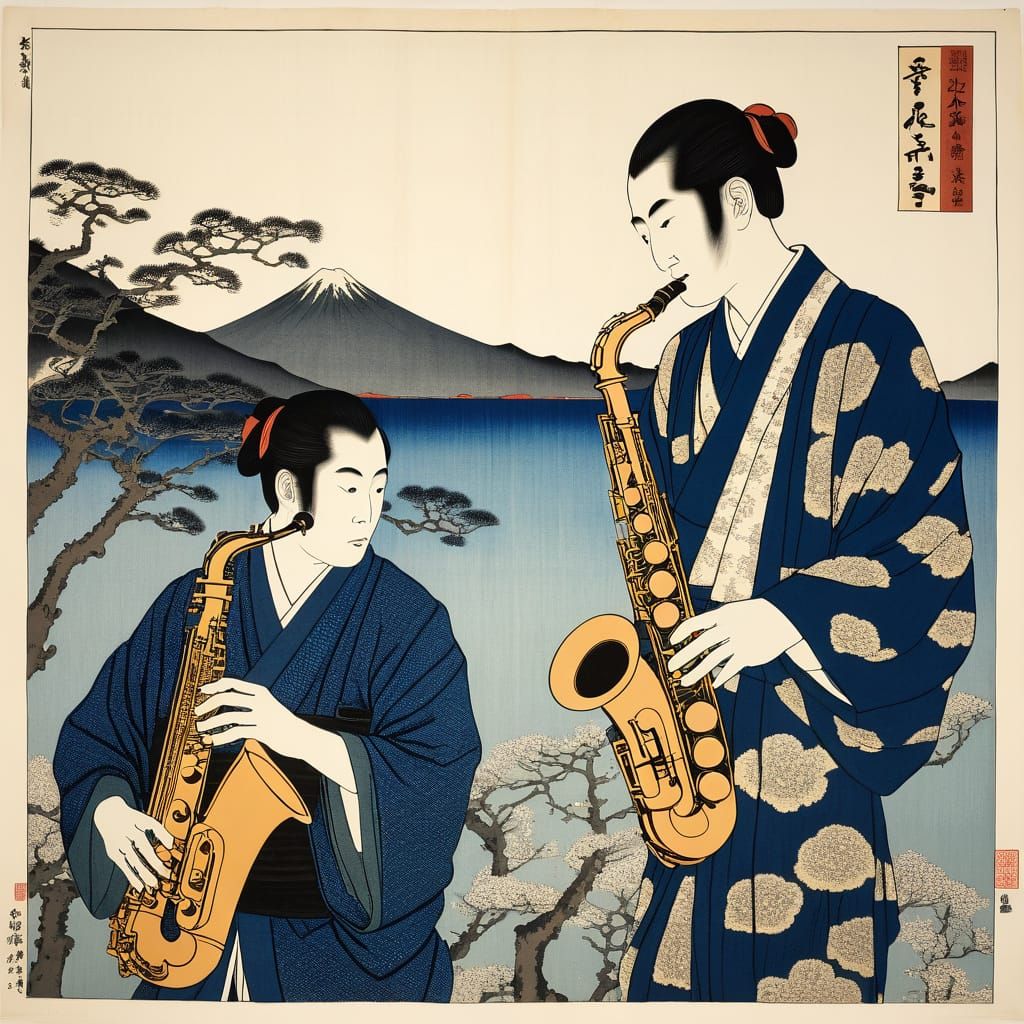 Ethereal Saxophonists in Traditional Japanese Art Style