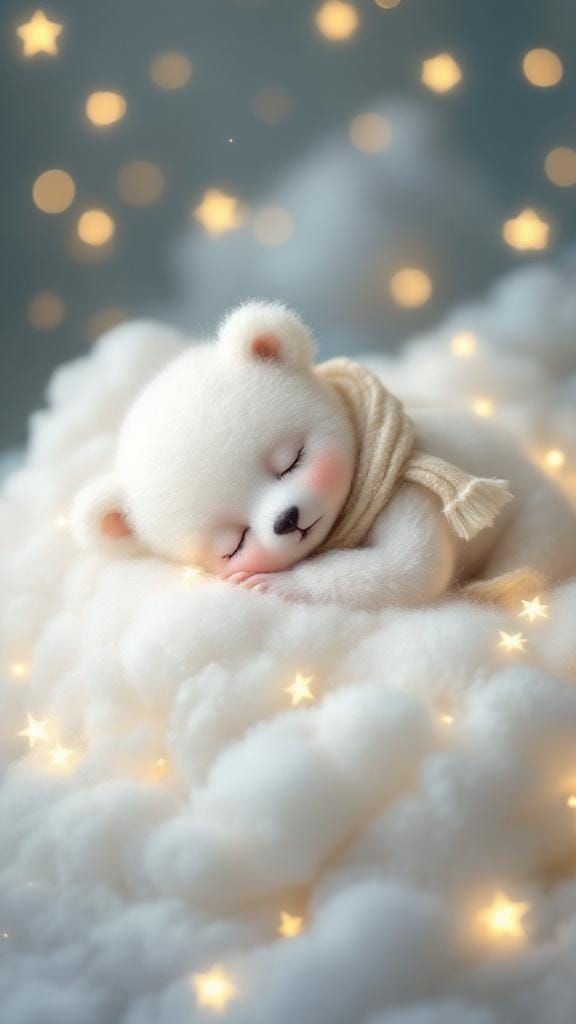 Felted Snow Bear Cub Asleep on a Cloud