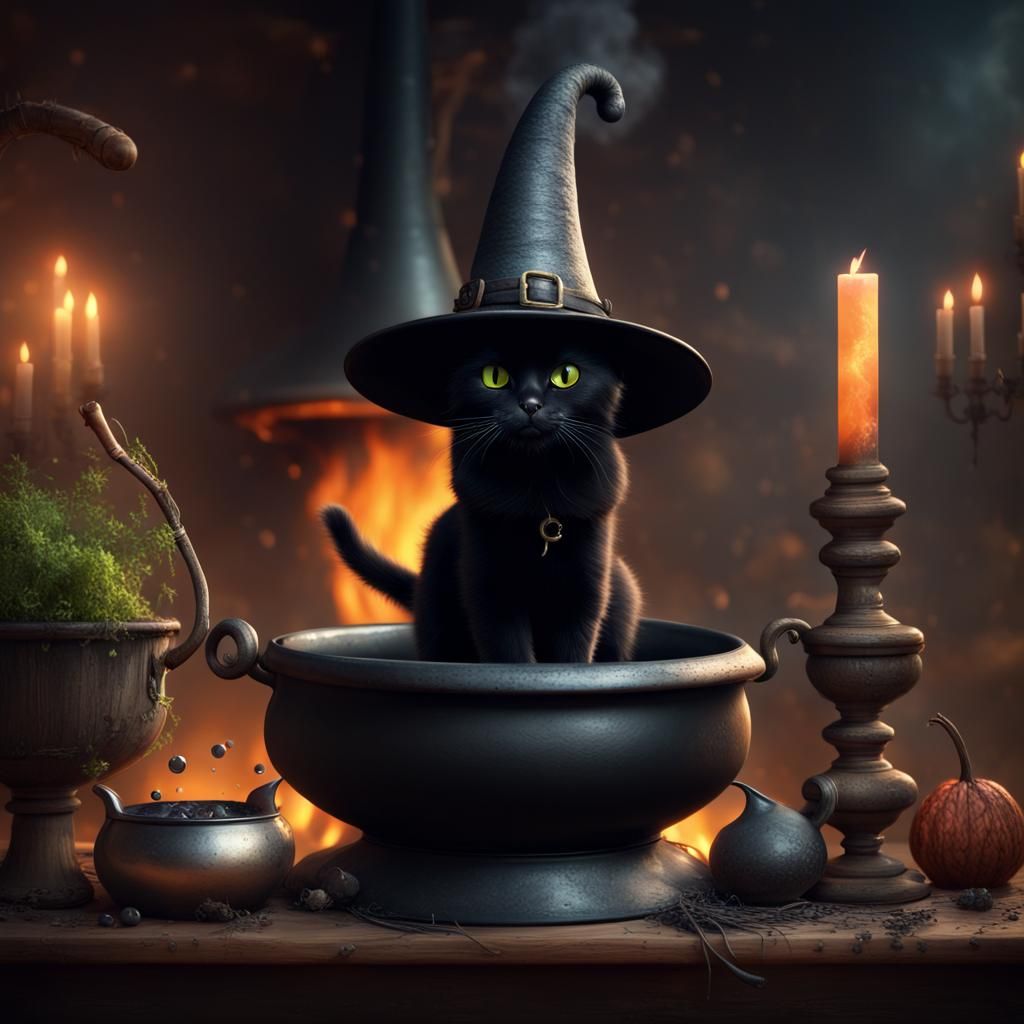 Charming Black Cat Brews a Potion