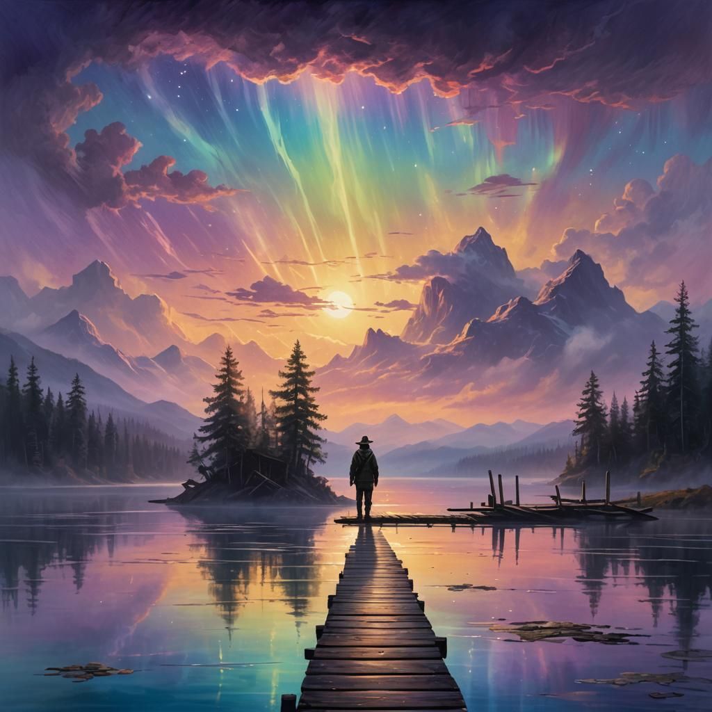 Mystical Fisherman on Dreamy Lake, Epic Fantasy Art