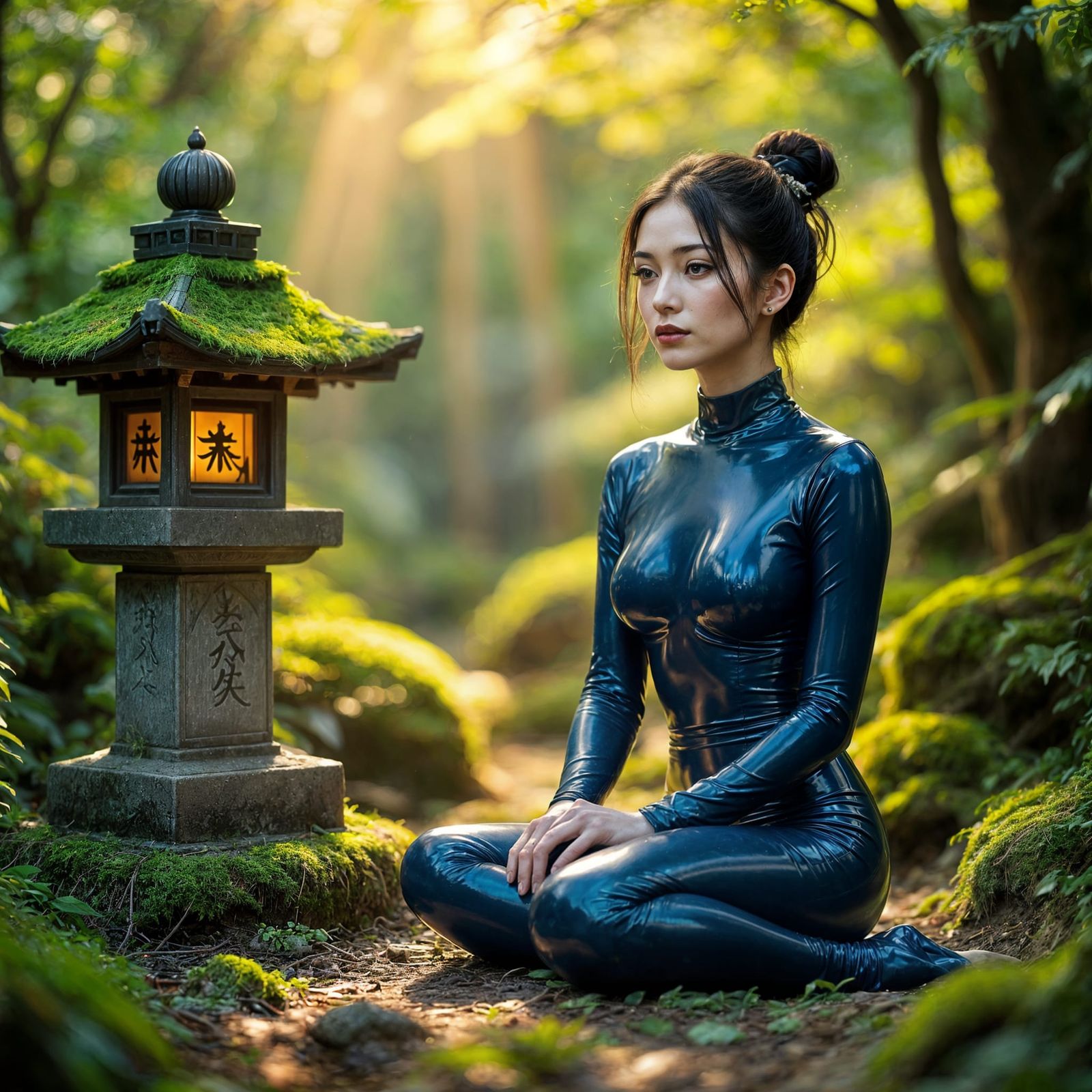 Serenely Seated Shinto Goddess in Latex Bodysuit