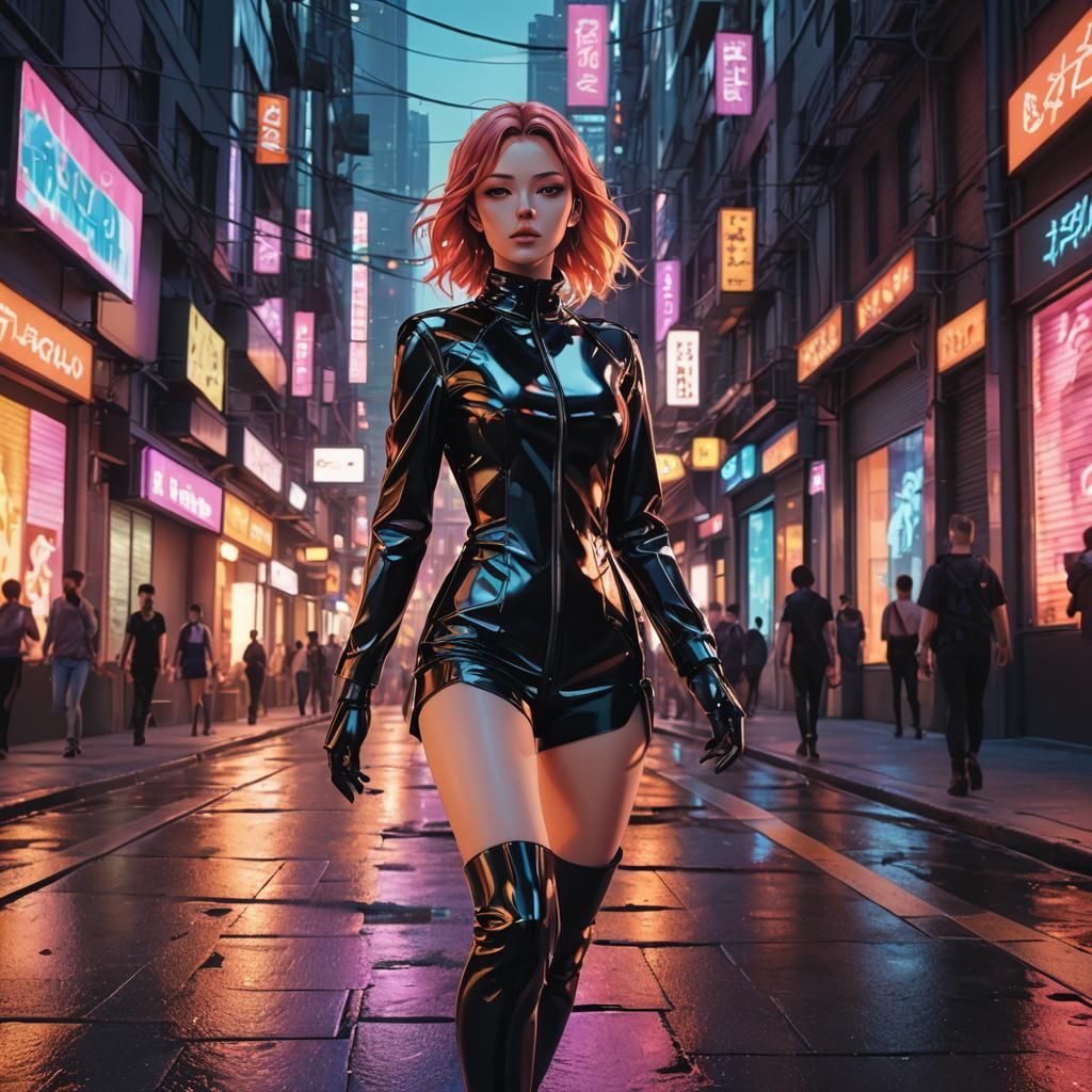 Anime Woman in Latex Outfit in Cityscape
