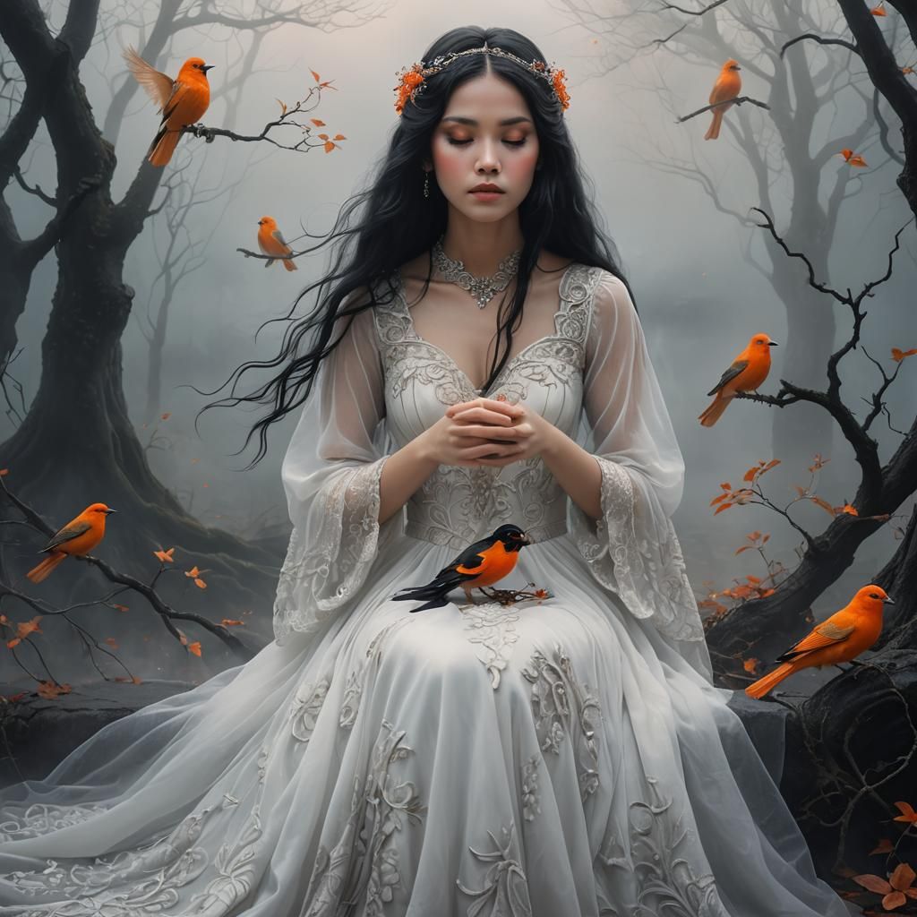 Girl with Bird in Dreamlike Fog, Digital Painting