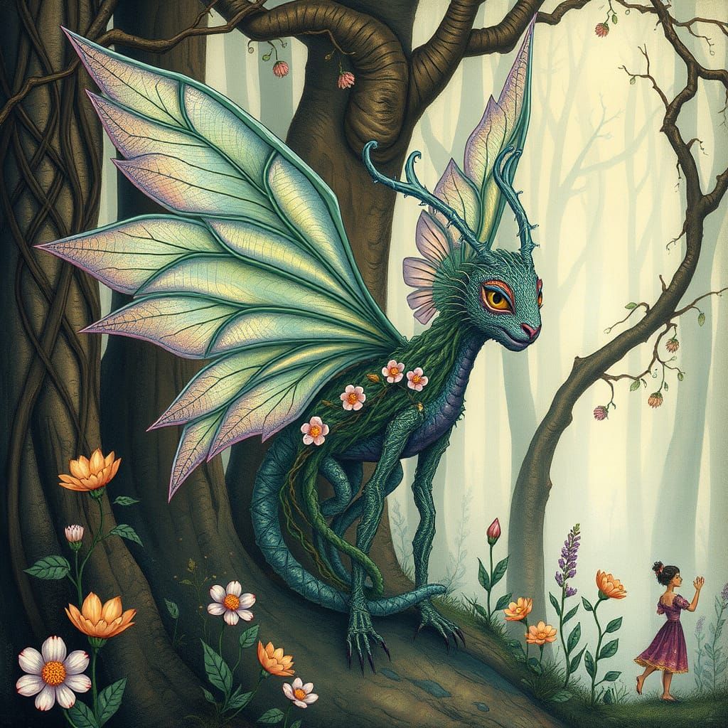 Enchanted Forest Spirit with Iridescent Wings and Blooming B...