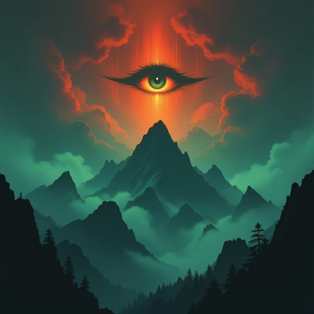 Ominous Mountain Eye in Eerie Mist