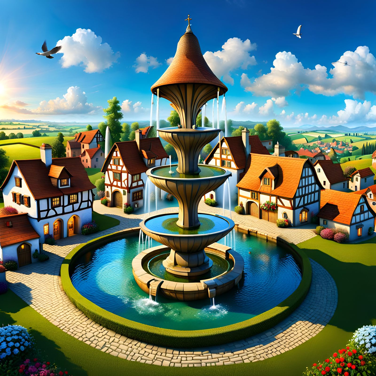 Medieval Village with Giant Water Fountain
