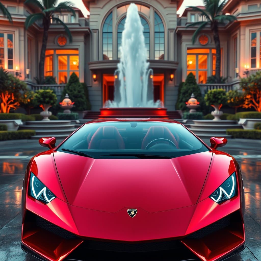 Red Lamborghini at Mansion Entrance, Futuristic Digital Art