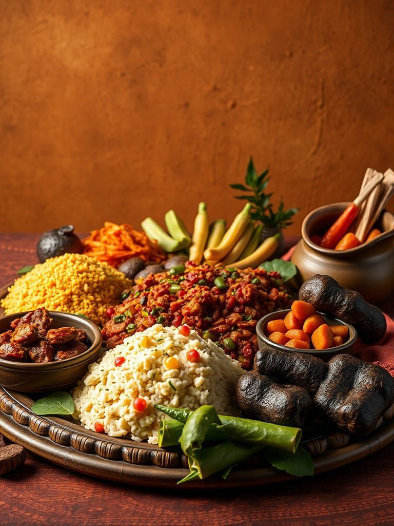 Surreal African Feast in Vibrant Folk Art Style