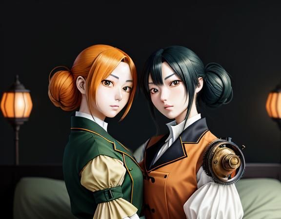 Anime Twin Kemono Sisters Kiss in Steampunk Setting