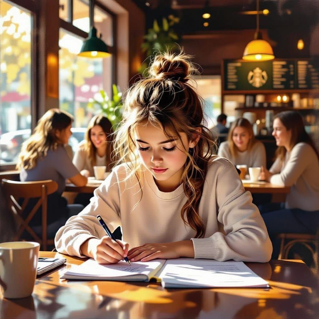 Young Girl Studies at Starbucks in Warm, Cinematic Light