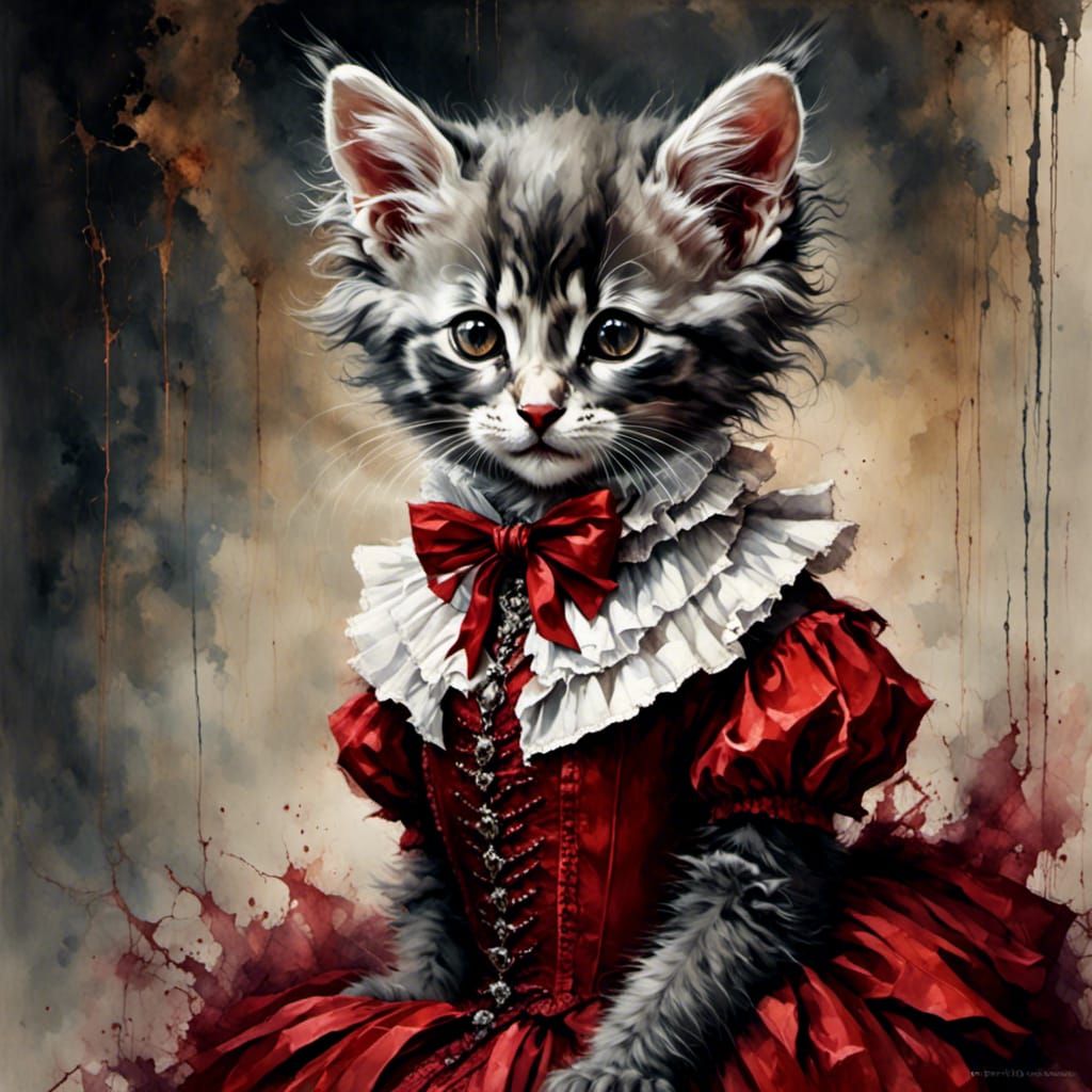 Victorian Kitten in Red Velvet Gown