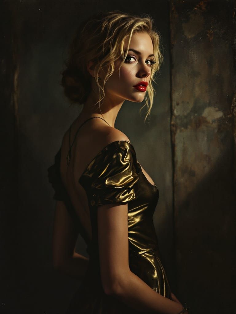 Gothic Pin-Up Woman in Gold Dress, Luminous and Saturated
