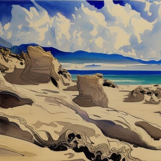 Beach in Ink Wash Style of Sargent