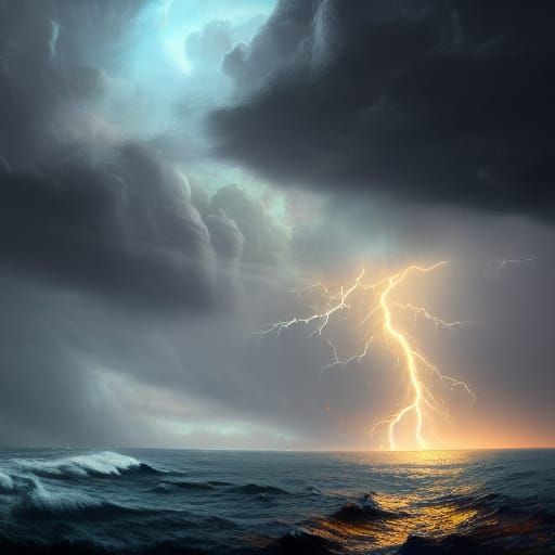 Night Ocean Storm with Lightning in Detailed Matte Painting