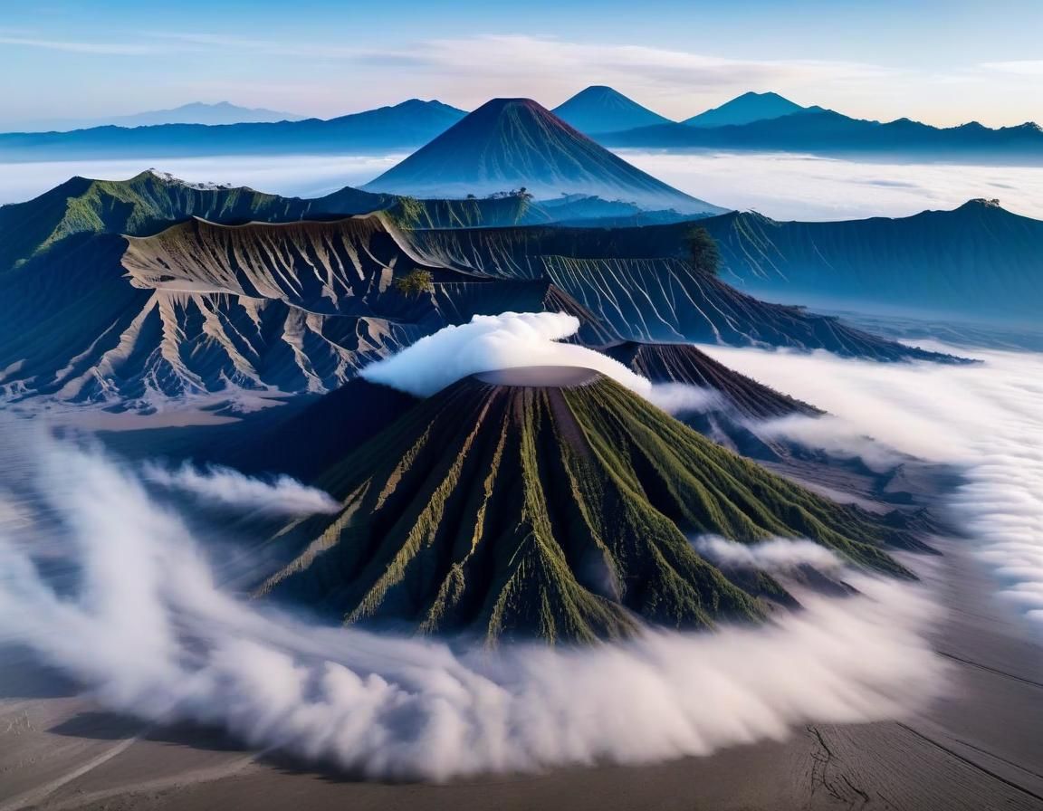 Mount Bromo Erupts Under Blue Sky, Drone View