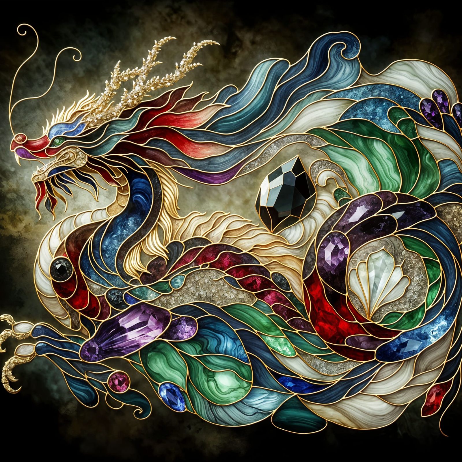 Art Deco Dragon of Gemstones in Alcohol Ink Style