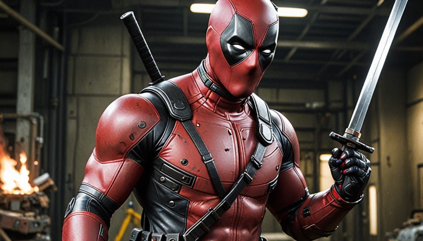 Deadpool in Red Cybernetic Suit with Sword