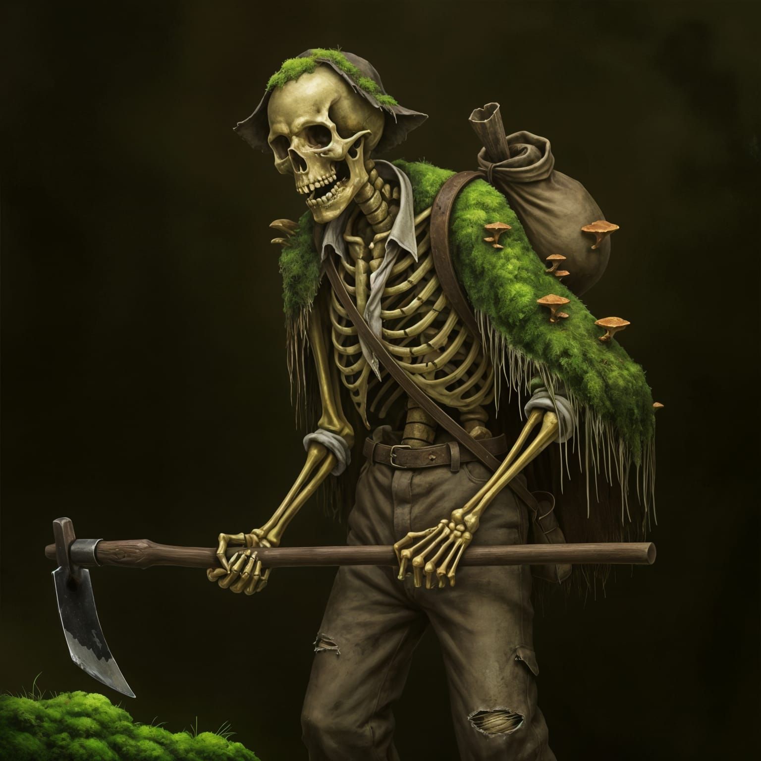 Moss-Covered Farmer Skeleton Holds Dull Hoe